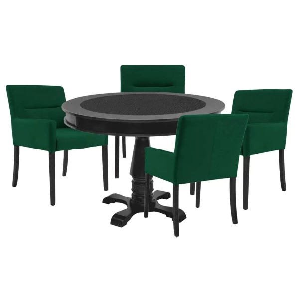 Mesa de Jogos Carteado Redonda Victoria Tampo Reversível Preto com 4 Cadeiras Vicenza Verde - Gran