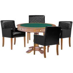 Mesa de Jogos Carteado Victoria Redonda Tampo Reversível Amêndoa com Kit 4 Cadeiras Liverpool Pu - 1