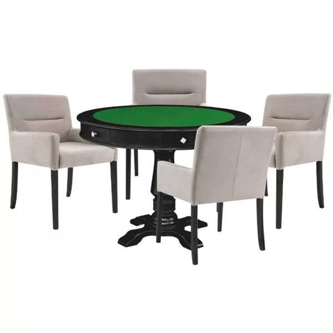 Mesa de Jogos Carteado Victoria Redonda Tampo Reversível Preto com Kit 4 Cadeiras Vicenza Suede Nude