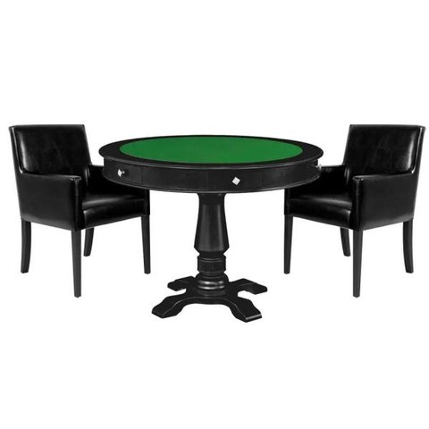 Mesa de Jogos Carteado Victoria Redonda Tampo Reversível Preto com Kit 2 Cadeiras Liverpool Pu
