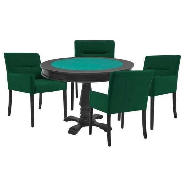 Mesa de Jogos Carteado Victoria Redonda Tampo Reversível Preto com 4 Cadeiras Vicenza Suede Verde - 