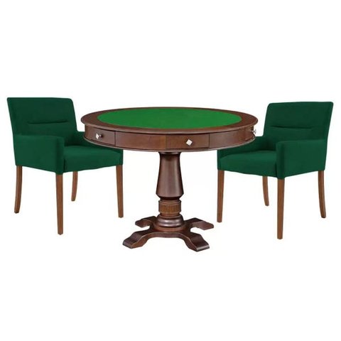 Mesa de Jogos Carteado Victoria Redonda Tampo Reversível Imbuia com Kit 2 Cadeiras Vicenza Suede Ver