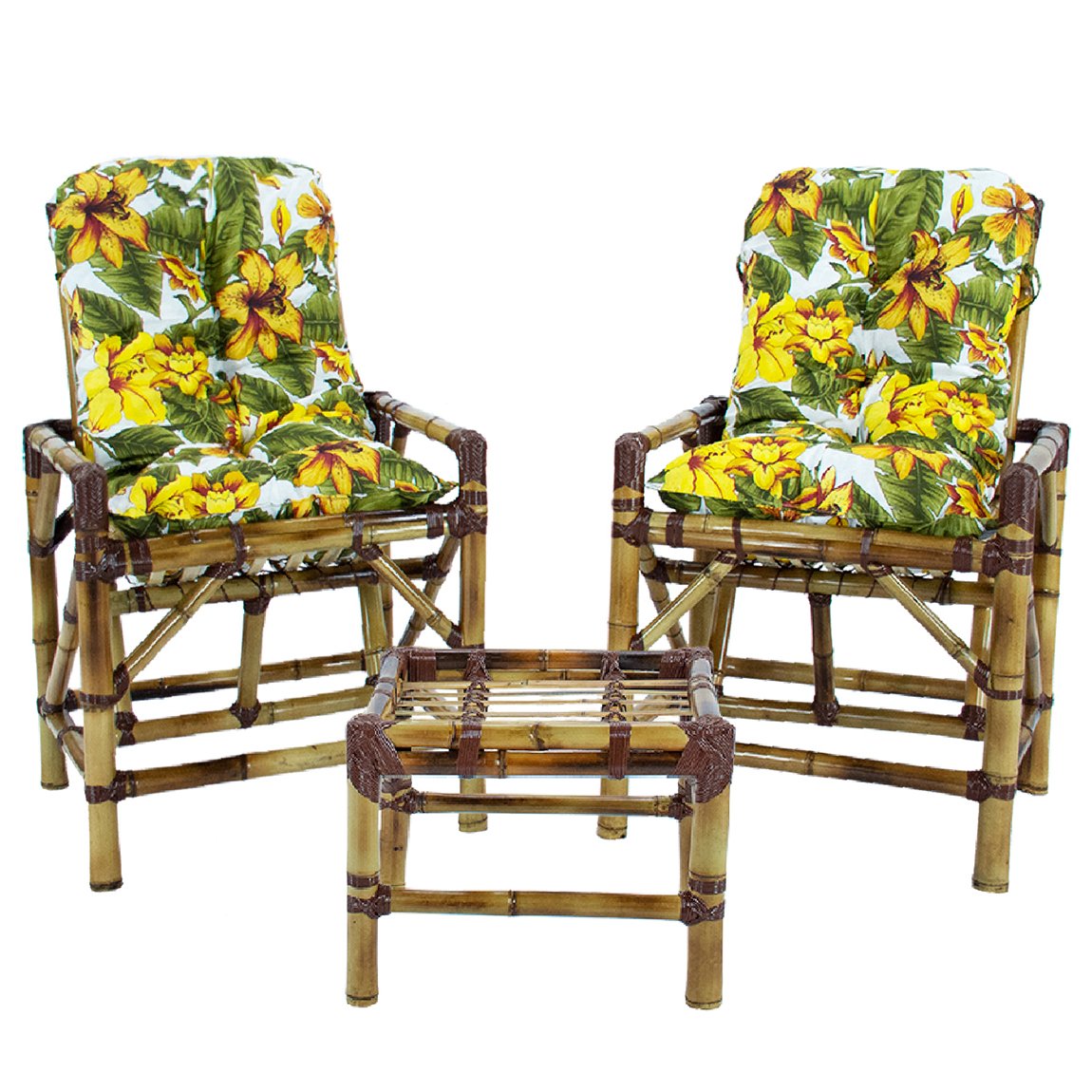 Kit 2 Cadeiras de Bambu + Mesa de Centro Área Interna e Externa Cor Floral T4