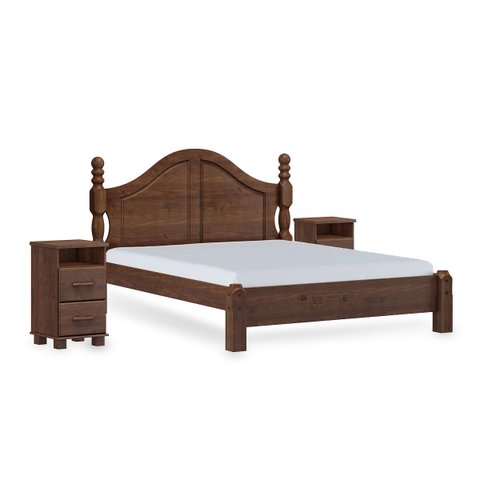 Conjunto Quarto: Cama Casal Queen Clássica, 2 Mesas de Cabeceiras 2 Gavetas Café Ouro Madeira Pinus 