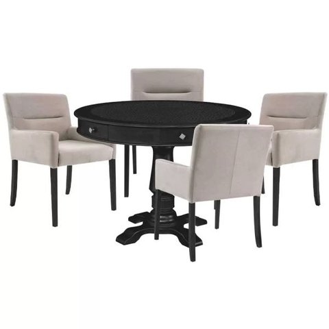 Mesa de Jogos Carteado Redonda Victoria Tampo Reversível Preto com Kit 4 Cadeiras Vicenza Suede Nude