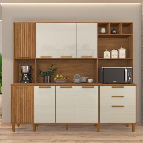 Armário de Cozinha Frisado 9 Portas 2 Gavetas 219cm Roma Branco/Freijó/Off White
