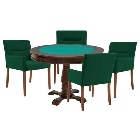 Mesa de Jogos Carteado Victoria Redonda Tampo Reversível Imbuia com 4 Cadeiras Vicenza Suede Verde -