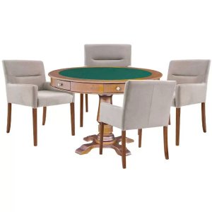 Mesa de Jogos Carteado Victoria Redonda Tampo Reversível Amêndoa com Kit 4 Cadeiras Vicenza Nude