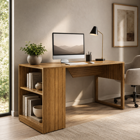 Mesa para Escritório 160cm com 2 Prateleiras Reversível ME4182 Amêndoa Tecnomobili