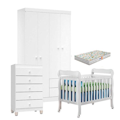 Quarto de Bebê 4 Portas com Gaveteiro Ternura Baby e Berço Lila Branco Brilho com Colchão Gazin - In