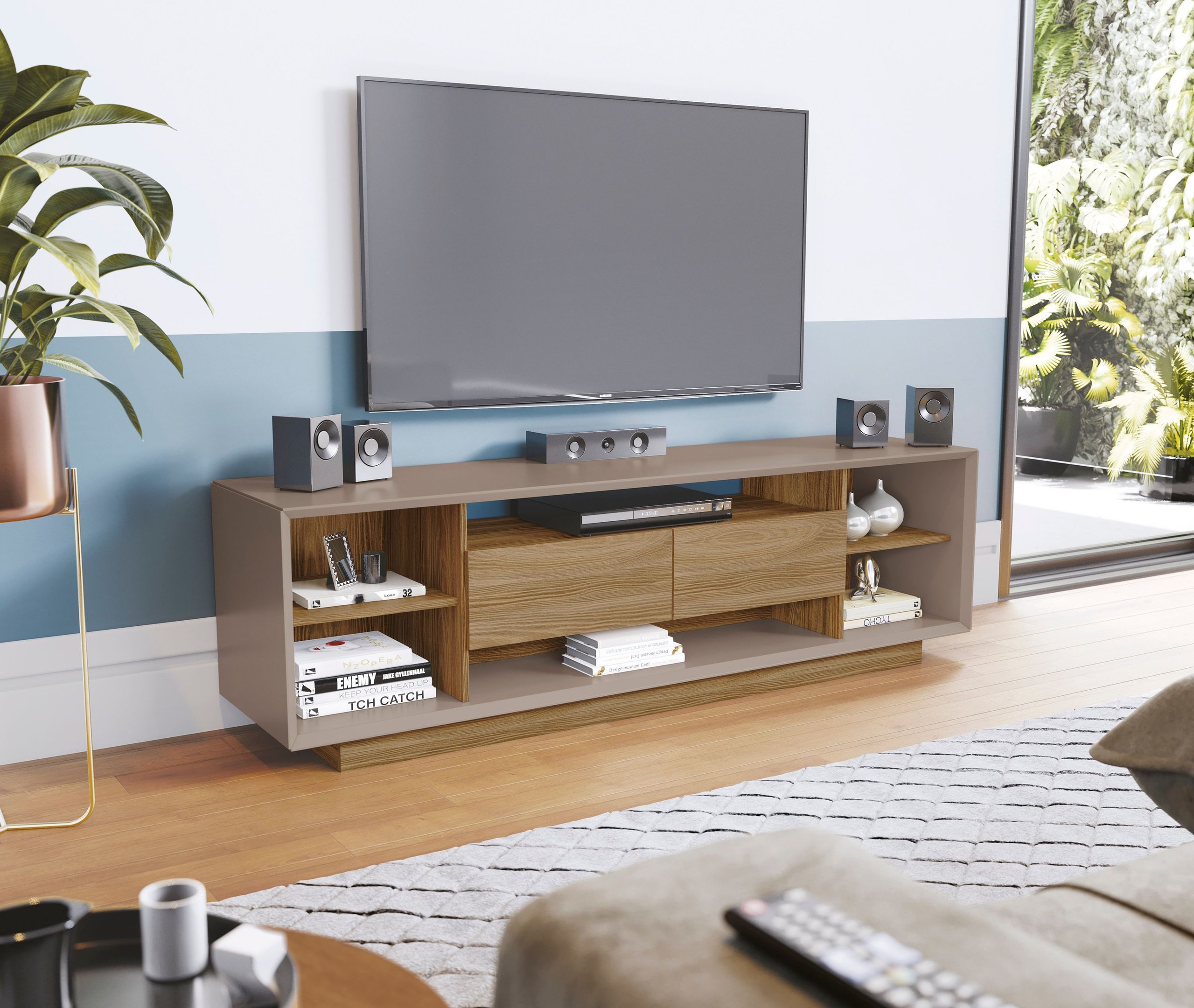 Rack Madrid Kappesberg M940 com 2 Gavetas Cor Nogueira Fendi
