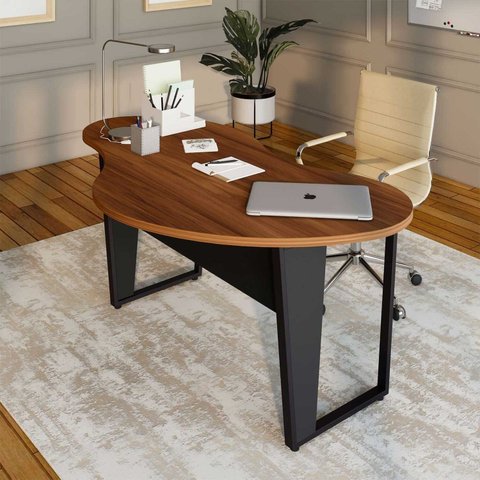 Mesa Escrivaninha Orgânica Linear 173CMX94CM Pés Metal para Escritório Home Office F5 Corporate Marrom/Nogal/Preto