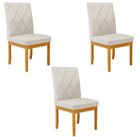 Kit 3 Cadeiras de Sala de Jantar Estofadas Gomes Madeira Maciça Linho Off White G78 - Gran Belo Cade