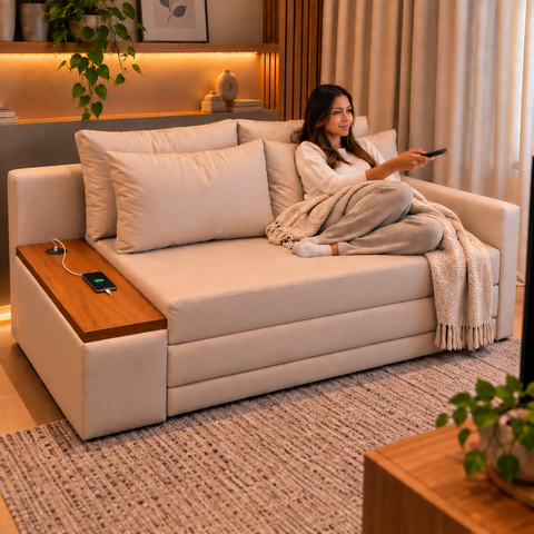 Sofá Cama | com Tampo e USB | Tecido Acquablock | Bege
