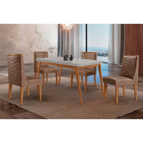 Conjunto: Mesa de Cozinha Havana Curvo 120cm + 4 Cadeiras Dafne Naturale/Off White - Corano