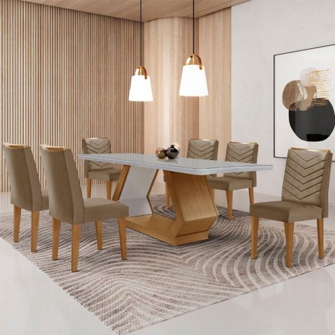 Mesa de Jantar Alvorada 180cm com 6 Cadeiras Liz Moderna Veludo Capuccino Off White Imbuia