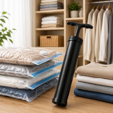 Bomba Vacuo para Saco Organizador Succao Manual Retira Ar Volume Roupas Economizar Espaco Enxoval Vi