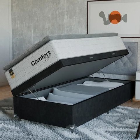 Cama Box Baú Solteiro + Colchão Comfort Class Pillow Top Branco/suede Preto