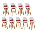 Ver imagem 1 de Kit 09 Banquetas Alta Maya Giratória Com Encosto Gourmet Linho Bege e Almofada Corino Vermelho -