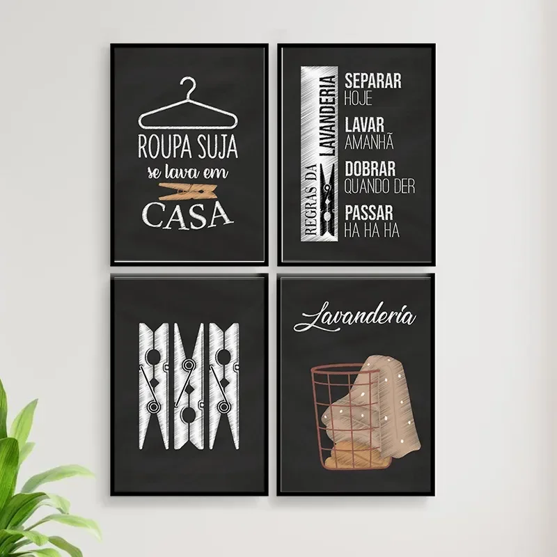 Kit 4 Quadros Decorativo Lavanderia Giz 24x18cm:madeira Preta