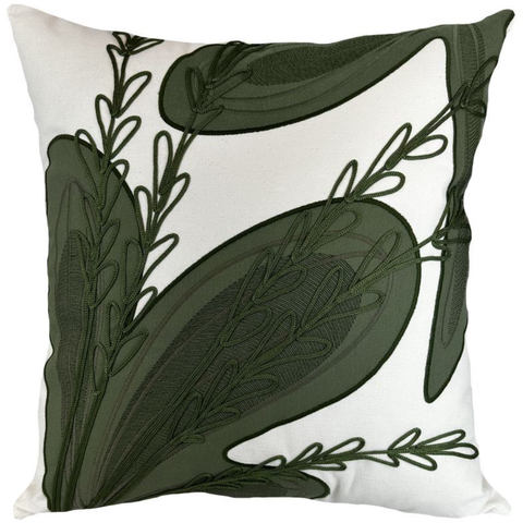 Almofada Sarja Cru 52x52 Bordado Soutache Folhagem Verde