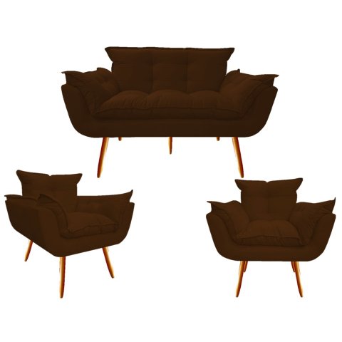 Kit Namoradeira + 2 Poltronas Decorativa Opala Suede Marrom Pés Madeira Ms Decor
