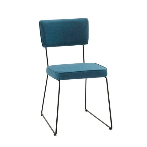Cadeira de Jantar Minimalista Roma Tecido Linho Azul Base Aço Preto - Ooca Móveis