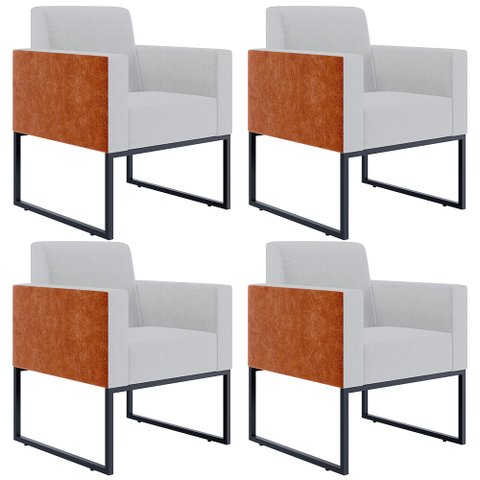 Kit 4 Poltronas Decorativas Sala Base Fixa Metal Helô L02 Linho Cinza Couríssimo Camel - Lyam