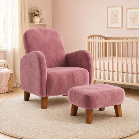 Poltrona Amamentação Viena Suede + Puff Macio Quarto Bebe:Rosa