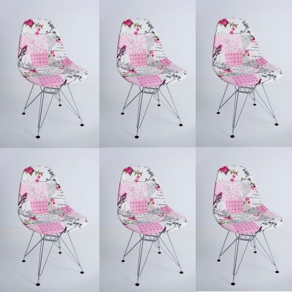 Kit Com 06 Capas para Cadeira Charles Eames Wood Flores e Passaros Rosa Com Branco - 1