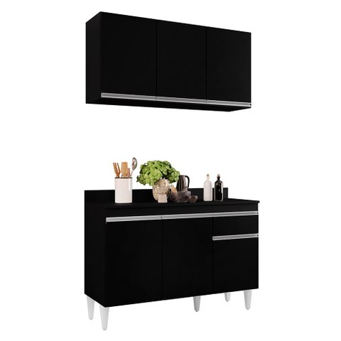 Kit Armário Aéreo e Balcão de Cozinha Lavanderia Lucy com Tampo Preto 120 cm - D’Rossi