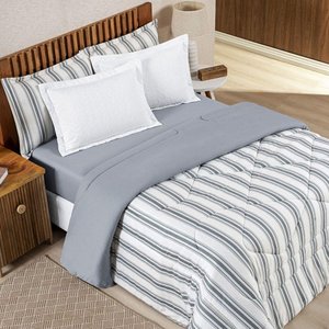 Edredom Cobertor Daily Super King Malha Listrado Dupla Face Fio Penteado - Cinza