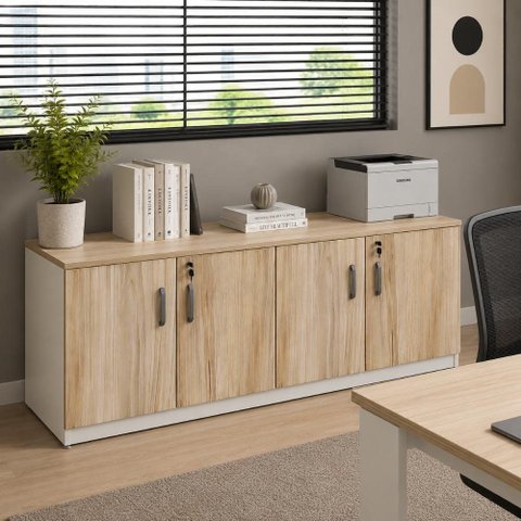 Armário Baixo Escritório 4 Portas 2,0m com 2 Prateleiras e Chave 100% MDF F5 Office Cor:Macadâmia