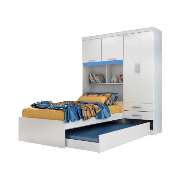 Guarda-Roupa Modulado Solteiro 4 Portas com Bicama Fusion Moverama Branco/Azul - 8