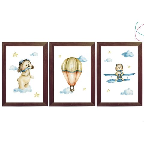 3 Quadros Decorativos Infantil Ursinho Aviador Aquarela:tabaco