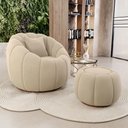 Ver imagem 2 de Poltrona Decorativa Concha Giratória com Puff Estilo Abóbora Shell Veludo Bege - Abmaza