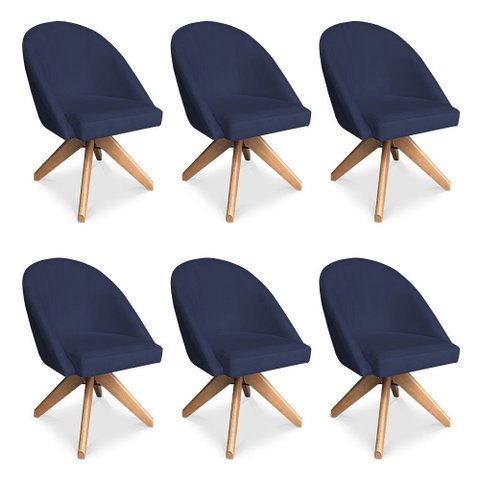 Kit 06 Poltronas Cadeira Giratória Bela Veludo Azul Marinho Base de Madeira - Pallazio