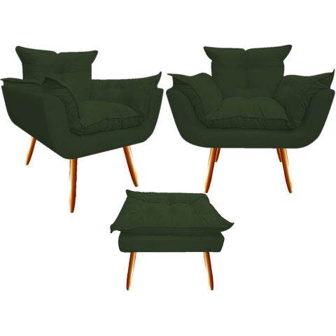 Kit 2 Poltronas + Puff Decorativo Opala Suede Verde Pés Madeira Ms Decor