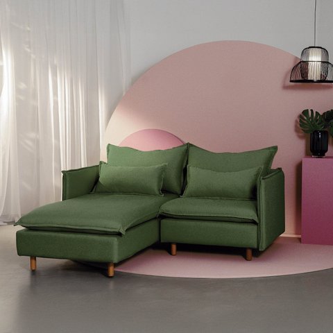 Sofá Modular 2 Lugares com Chaise e Pé Madeira Sôma CabeCasa MadeiraOriginals
