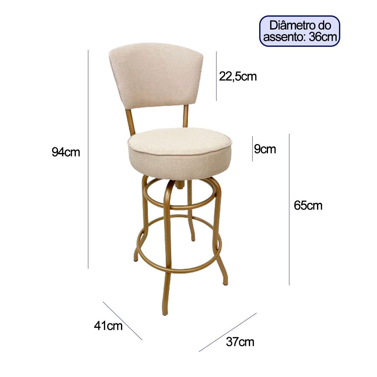 Kit 2 Banquetas Bar Cor Dourado Fosco Bancada Média Altura 65cm Giratória Encosto Estofado Assento L - 4
