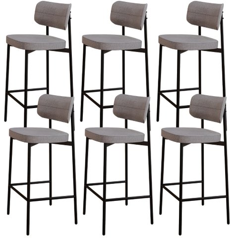 Kit 06 Banquetas Alta Bar Cozinha Sala de Jantar Aço Preto Kaira C01 Linho Cinza - Lyam Decor