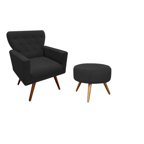 Kit Poltrona Decorativa Aurora + 1 Puff Redondo Suede Preto Pés Madeira Ms Decor