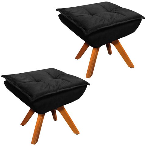 Kit 2 Puff's Decorativos Base Giratória em Madeira Charger Suede Preto - Gran Belo