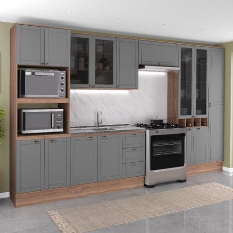 Cozinha Completa com Balcão Milla True 16 Portas 3 Gavetas 380cm Nogal com Cinza Titânio Móveis