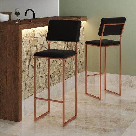 Banqueta com Encosto Industrial e Moderna Nina Cobre e Corino Preto
