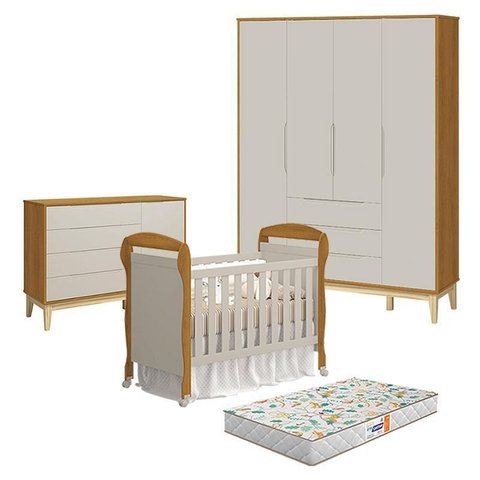 Quarto de Bebê 4 Portas com Cômoda com Porta Elfe Classic e Berço Americano Danny Areia Savana