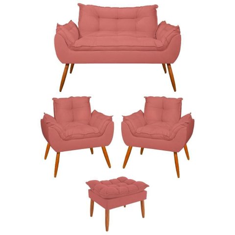 Kit 02 Poltronas + Namoradeira + Puff Opala Balaqui Decor Rosa