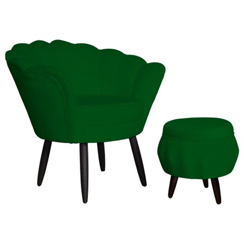Jogo Poltrona Estofada Com 1 Puff Pés Palito Clínica Pétala Suede Verde - LM DECOR