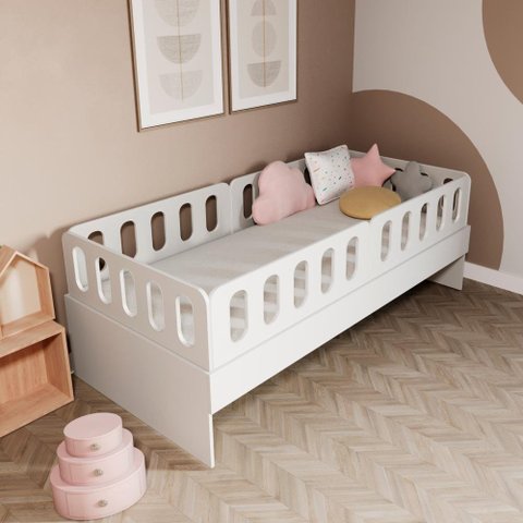 Cama Solteiro Mdf Branco com 04 Grades e Cabeceira Anatômica Mobilistore
