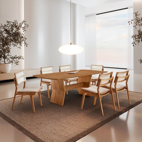 Conjunto de Mesa de Jantar Raiz Tampo 180cm Barril Laminado e 6 Cadeiras Eloá Premium Marrom/Off White/Imbuia/Cinamomo